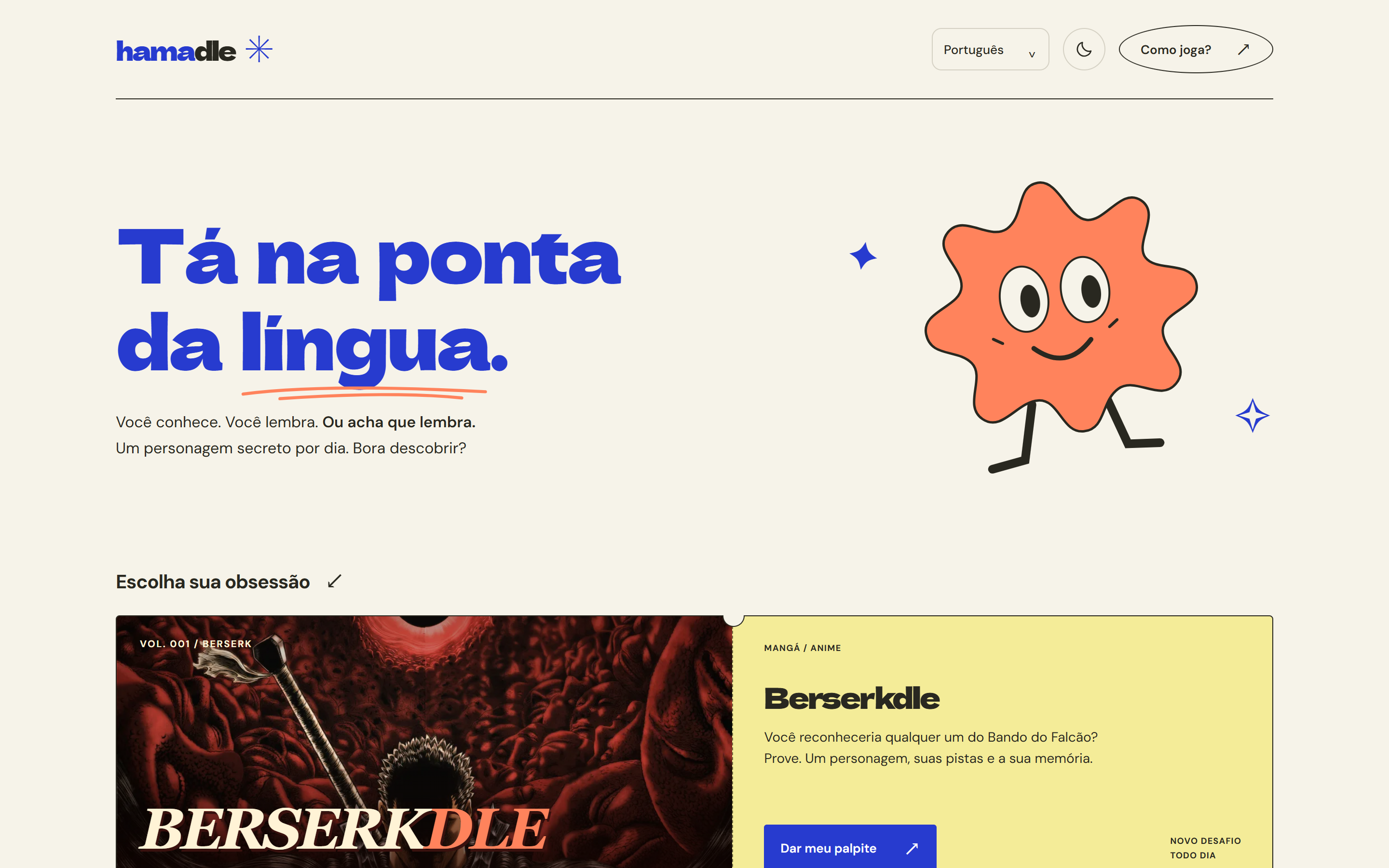 Hamadle homepage featuring the daily Berserk character guessing challenge